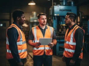 Fabrieksopzichter met veiligheidskaart tijdens ploegwissel, twee arbeiders in hesjes in industriële werkruimte met amberkleurig licht.
