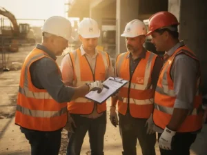 Bouwvakkers in fluovesten bekijken een veiligheidslijst bij een bouwplaatsingang, morgenzon verlicht harde hoeden en werkhandschoenen.