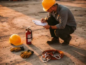Bouwvakker met gele helm inspecteert veiligheidslijst op clipboard, omringd door helm, handschoenen, brandblusser, harnas en veiligheidsborden op betonvloer.