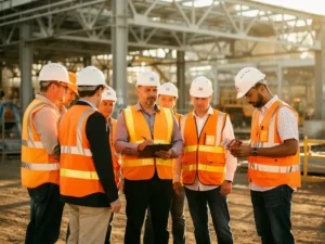 Bouwvakkers in hesjes luisteren naar voorman met klembord tijdens toolboxmeeting op industriële bouwplaats in ochtendlicht.