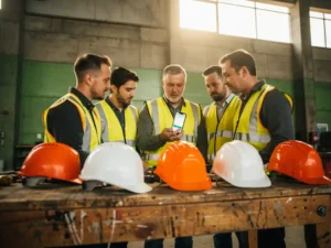 Bouwvakkers in oranje hesjes bij een toolboxmeeting, één houdt mobiel met veiligheidscheck op WhatsApp, betonnen industriële achtergrond.