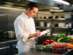 Chef in wit uniform controleert temperatuurlogboek op roestvrijstalen werkbank, omringd door verse groenten en afgesloten containers in professionele keuken.