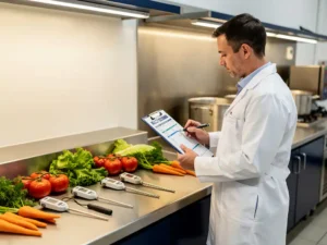 Voedselveiligheidsmanager in witte jas controleert HACCP-documenten op klembord naast roestvrijstalen keukenwerktafel met groenten en temperatuursondes.