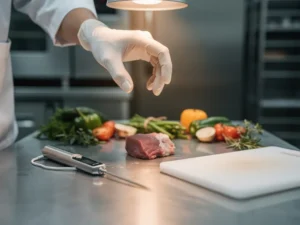 Gehandschoende hand boven roestvrijstalen werkblad met rauwe ingrediënten, thermometer en snijplank in professionele keuken.