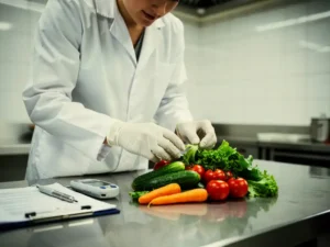 Voedselveiligheidsinspecteur in witte handschoenen controleert verse groenten op roestvrijstalen keukentafel met thermometer en klembord.