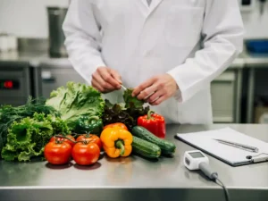 Voedselveiligheidsinspecteur in witte jas controleert verse groenten op roestvrijstalen werkblad met thermometer en klembord.