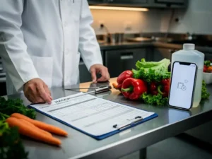 Voedselveiligheidscontroleur in witte jas beoordeelt HACCP-checklist op roestvrijstalen werkblad met groenten, thermometer en smartphone.