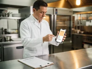 Voedselveiligheidsinspecteur in witte jas inspecteert roestvrijstalen keukenoppervlak met klembord en smartphone in moderne commerciële keuken.