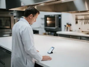 Voedselveiligheidsinspecteur in witte jas controleert roestvrijstalen werktafel in professionele keuken met trainingscheck op smartphone.