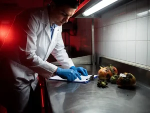 Voedselveiligheidsinspecteur in witte jas en blauwe handschoenen inspecteert bedorven producten op roestvrijstalen keukenwerkblad.