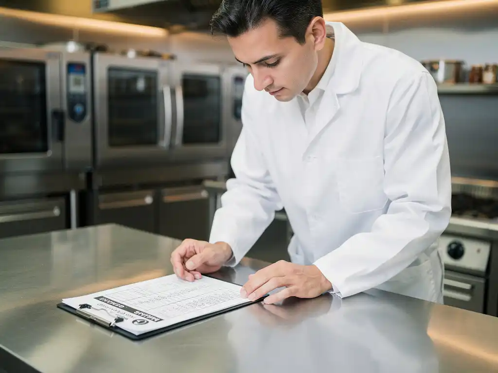 Voedselveiligheidsinspecteur in witte jas inspecteert roestvrijstalen keukenoppervlak met klembord en checklist in professionele keuken.