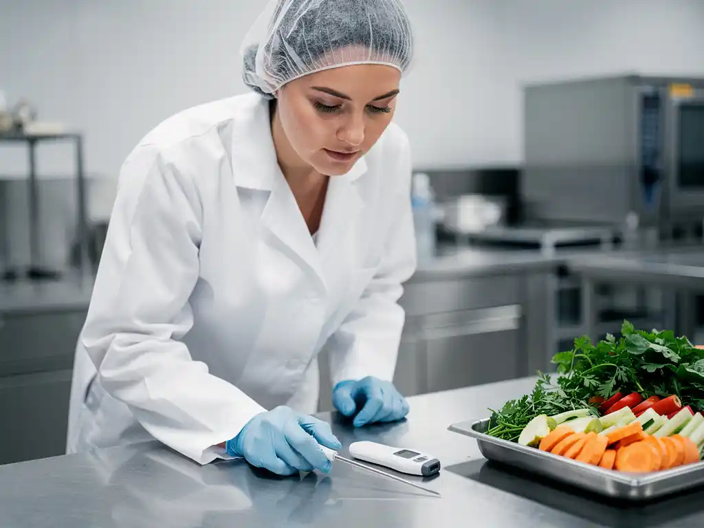 Voedselveiligheidsinspecteur in witte jas controleert roestvrijstalen keukenoppervlak met temperatuurprobe en ingrediëntenbak.