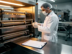 Voedselveiligheidsinspecteur in witte handschoenen inspecteert roestvrijstalen productielijn, temperatuurlogboek op oppervlak nabij.
