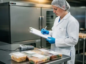 Voedselveiligheidsinspecteur in witte jas controleert temperatuurlogboek op klembord naast roestvrijstalen keukenapparatuur en voedselbakken.