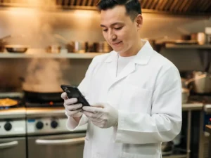 Voedselveiligheidsinspecteur in witte jas controleert temperatuurlogboeken op smartphone in commerciële keuken.