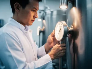 Voedselveiligheidsinspecteur in witte laboratoriumjas controleert temperatuurmeter op roestvrijstalen voedselverwerkingsapparatuur.