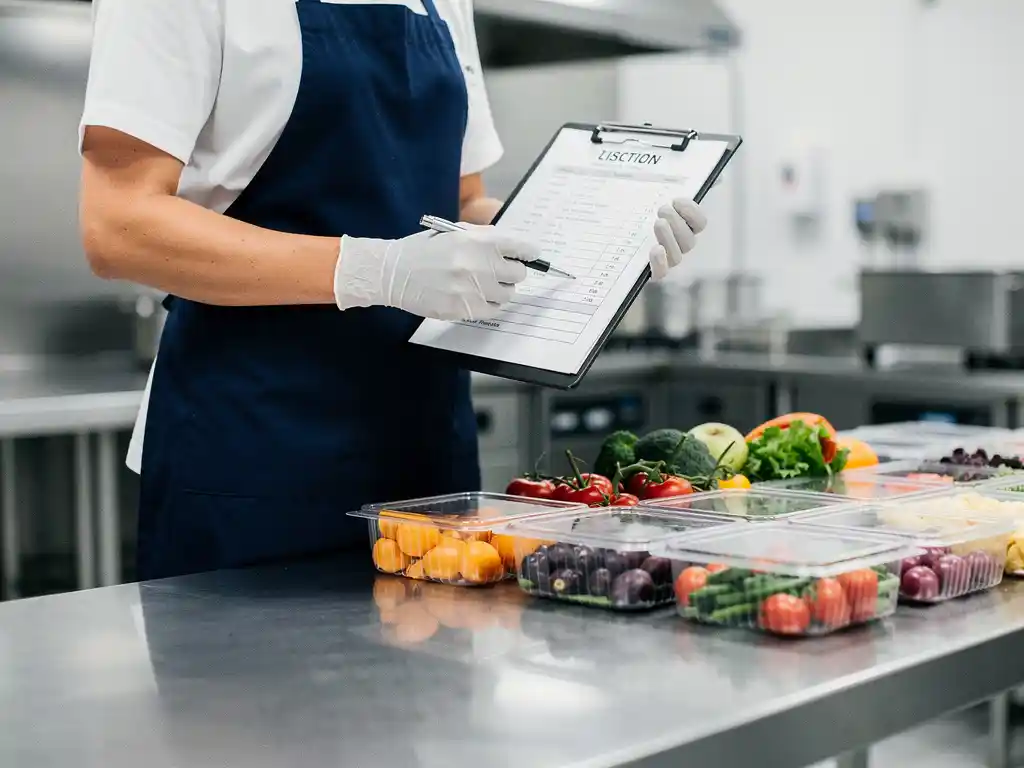 Handschoen dragende voedingsinspecteur met klembord boven roestvrijstalen keukenoppervlak, groenten en voedselbakken op achtergrond.