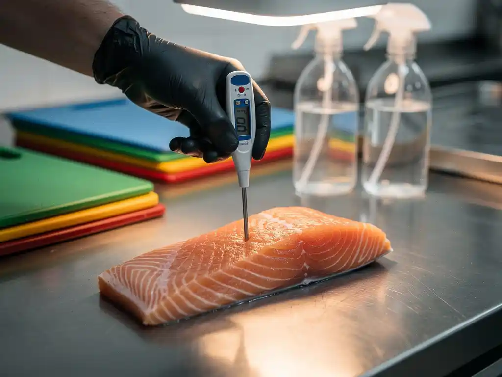 Gehandschoende hand die voedselveiligheidthermometer in zalmfilet steekt op roestvrijstalen keukenwerkblad.