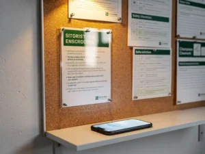 Gelamineerde instructiekaart op industrieel prikbord met veiligheidschecklists en smartphone met WhatsApp-gesprek in warme kantooromgeving.