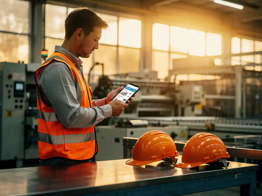 Nieuwe fabrieksmedewerker bestudeert stap-voor-stap werkinstructie op smartphone in productieomgeving, veiligheidsvest en helm op stalen werkbank.